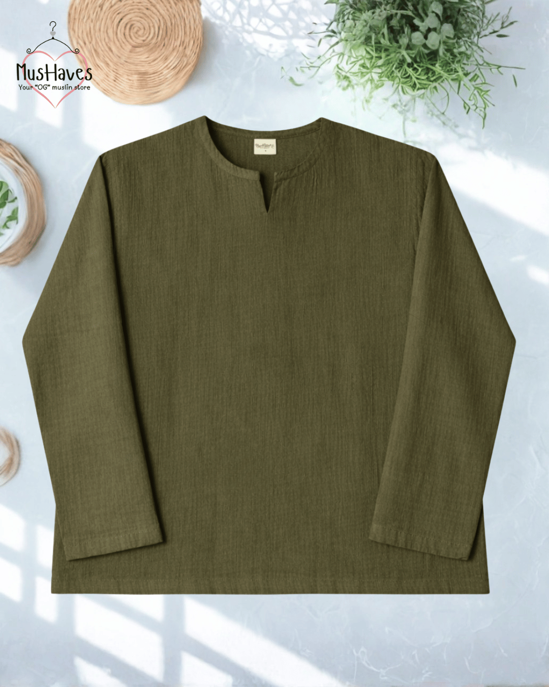 Premium Mulmul Musli Tee | Slit Round Neck | 100% Organic Cotton | Unisex | Mushaves Classic | Olive Green