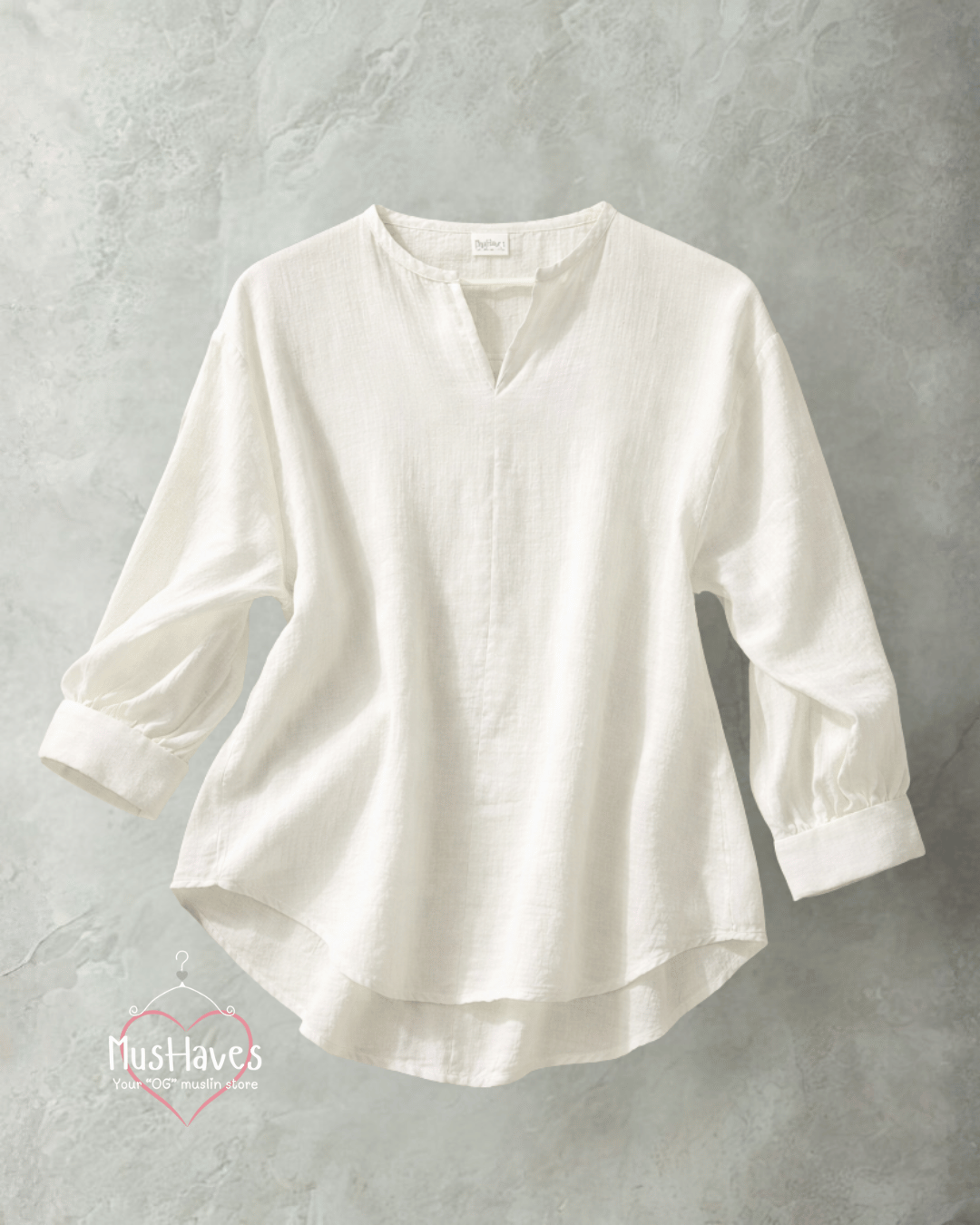 Women Premium Muslin Formal Blouse – 100% Double Gauze | Loose Fit | Silloute | Slit Round Neck | Pearl White