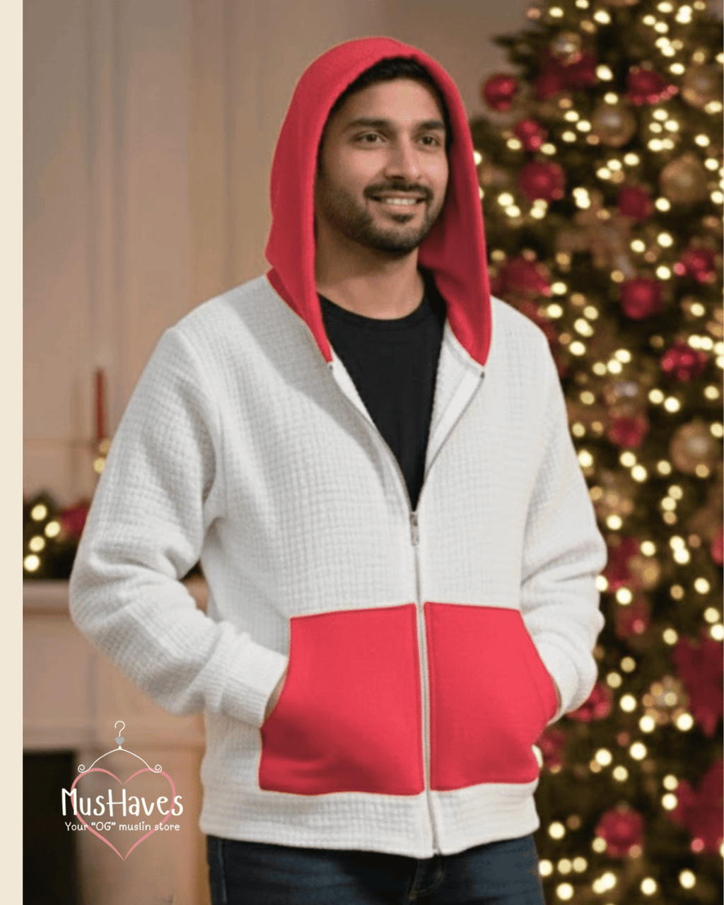 Premium Muslin Hoodie | Unisex | 100% Organic Cotton | Mulmul | Anti Static | Breathable | Skin Friendly | Winter Essential | Christmas Colour-Blocked | White + Red | Zipper