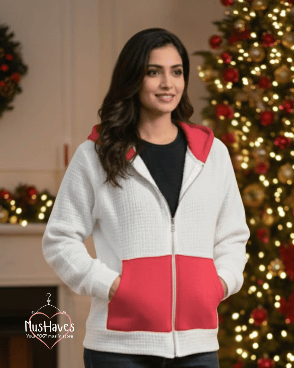 Premium Muslin Hoodie | Unisex | 100% Organic Cotton | Mulmul | Anti Static | Breathable | Skin Friendly | Winter Essential | Christmas Colour-Blocked | White + Red | Zipper