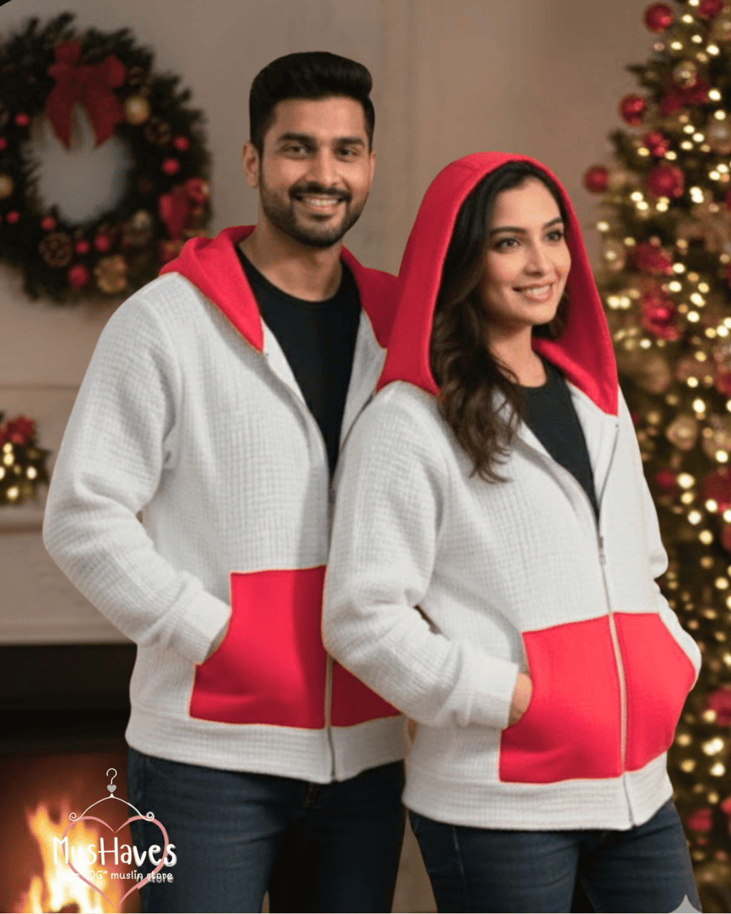 Premium Muslin Hoodie | Unisex | 100% Organic Cotton | Mulmul | Anti Static | Breathable | Skin Friendly | Winter Essential | Christmas Colour-Blocked | White + Red | Zipper