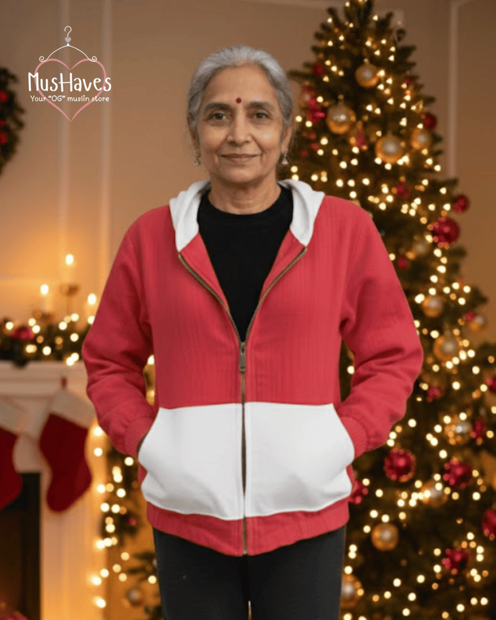 Premium Muslin Hoodie | Unisex | 100% Organic Cotton | Mulmul | Anti Static | Breathable | Skin Friendly | Winter Essential | Christmas Colour-Blocked | Zipper