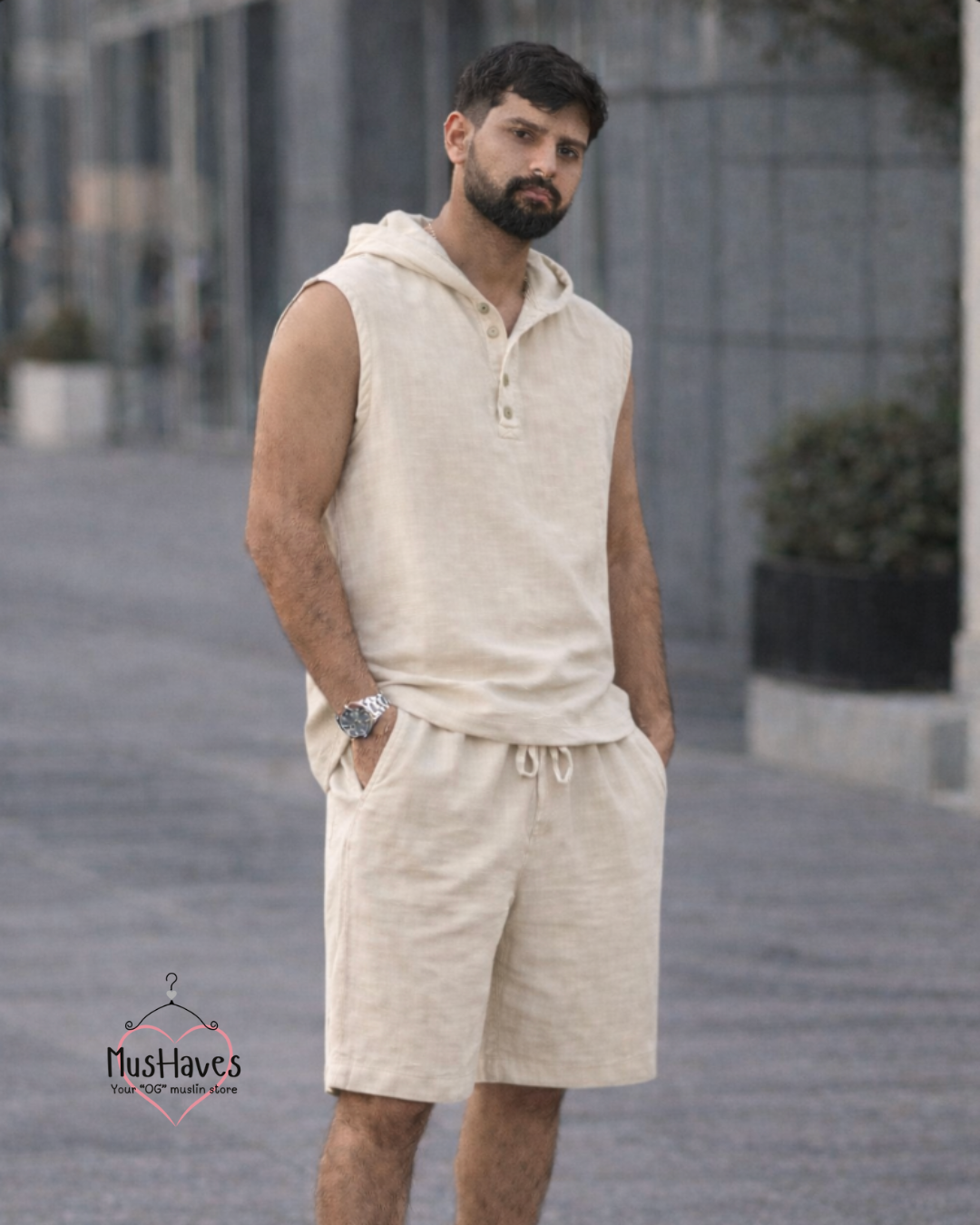 Indian Mulmul Muslin Co-Ord Set Crafted in Organic Cotton | Premium Sleeveless Hoodie & Shorts | Beige