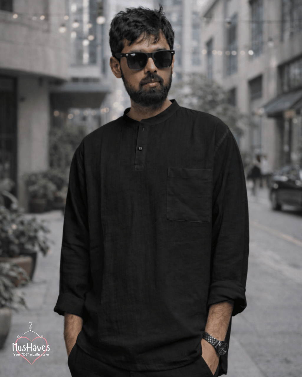 Premium Mulmul Kurta Teeshirt | 100% Organic Cotton | Men | Mushaves Classic | Charcoal Black