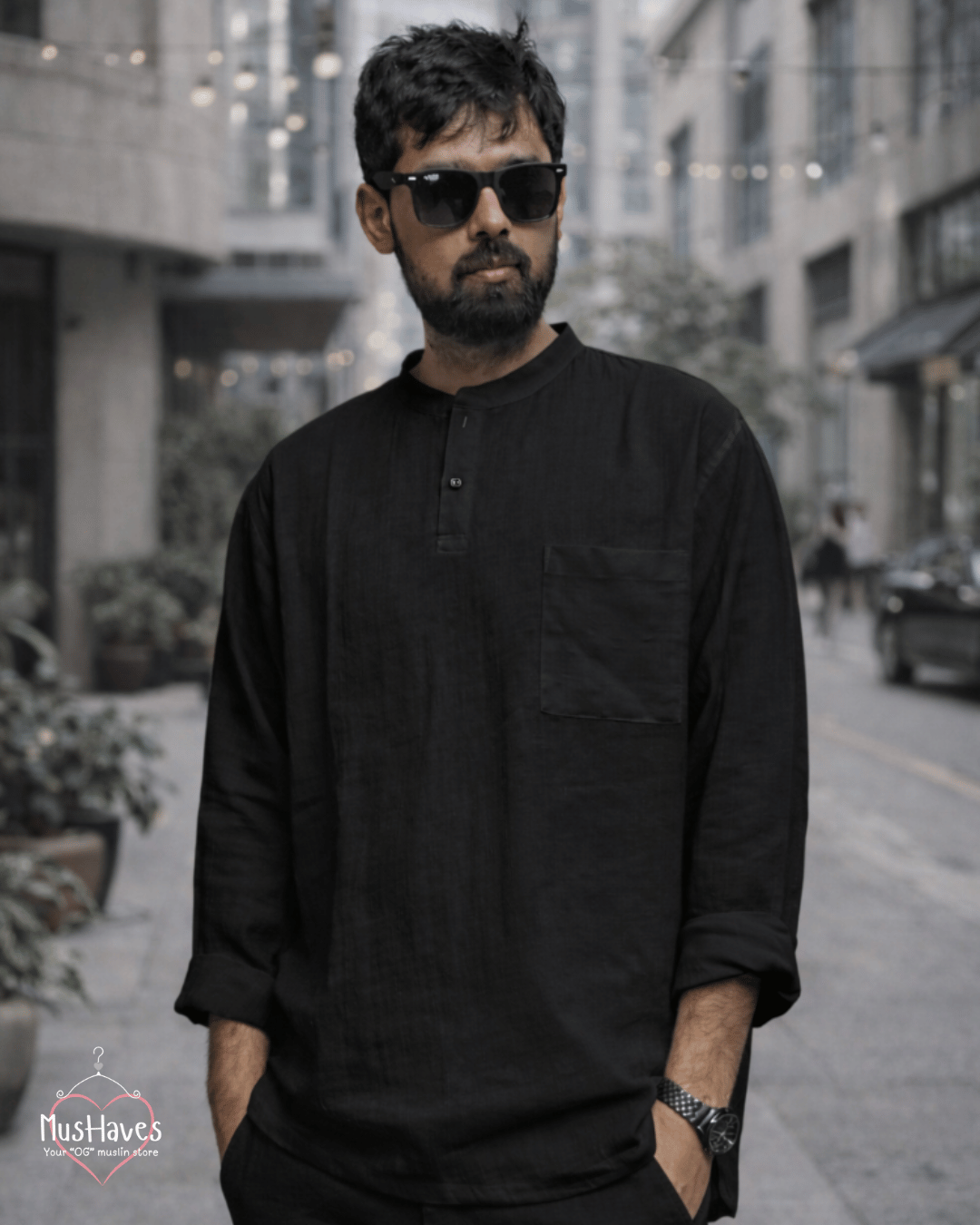 Premium Mulmul Kurta Teeshirt | 100% Organic Cotton | Men | Mushaves Classic | Charcoal Black