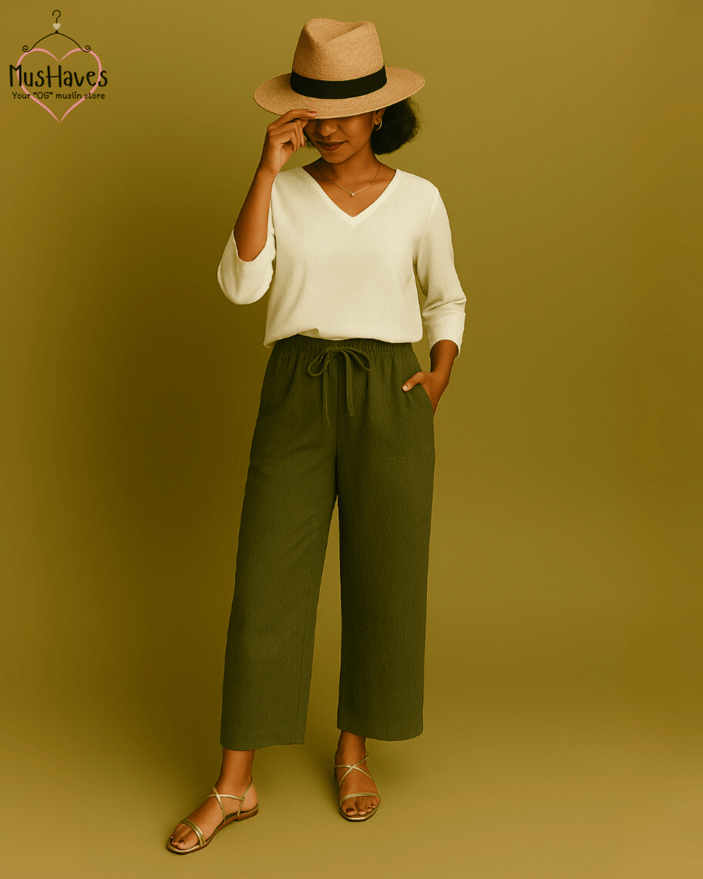 Premium Muslin Combo set | A-Line Teeshirt + Bottoms | White + Olive Green