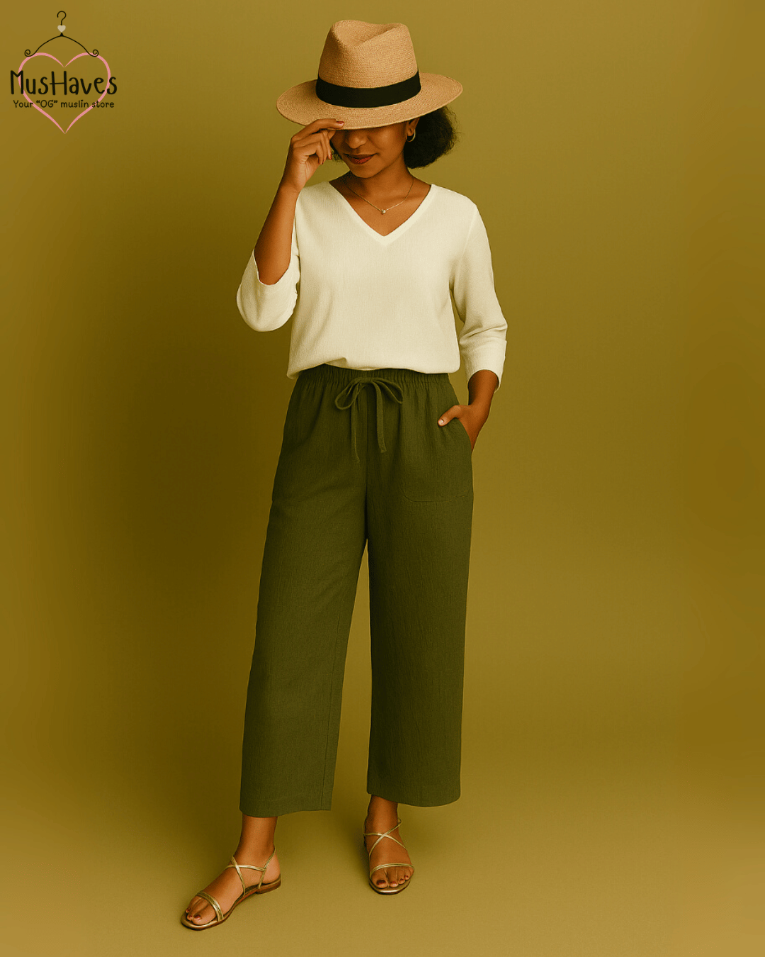 Premium Muslin Combo set | A-Line Teeshirt + Bottoms | White + Olive Green