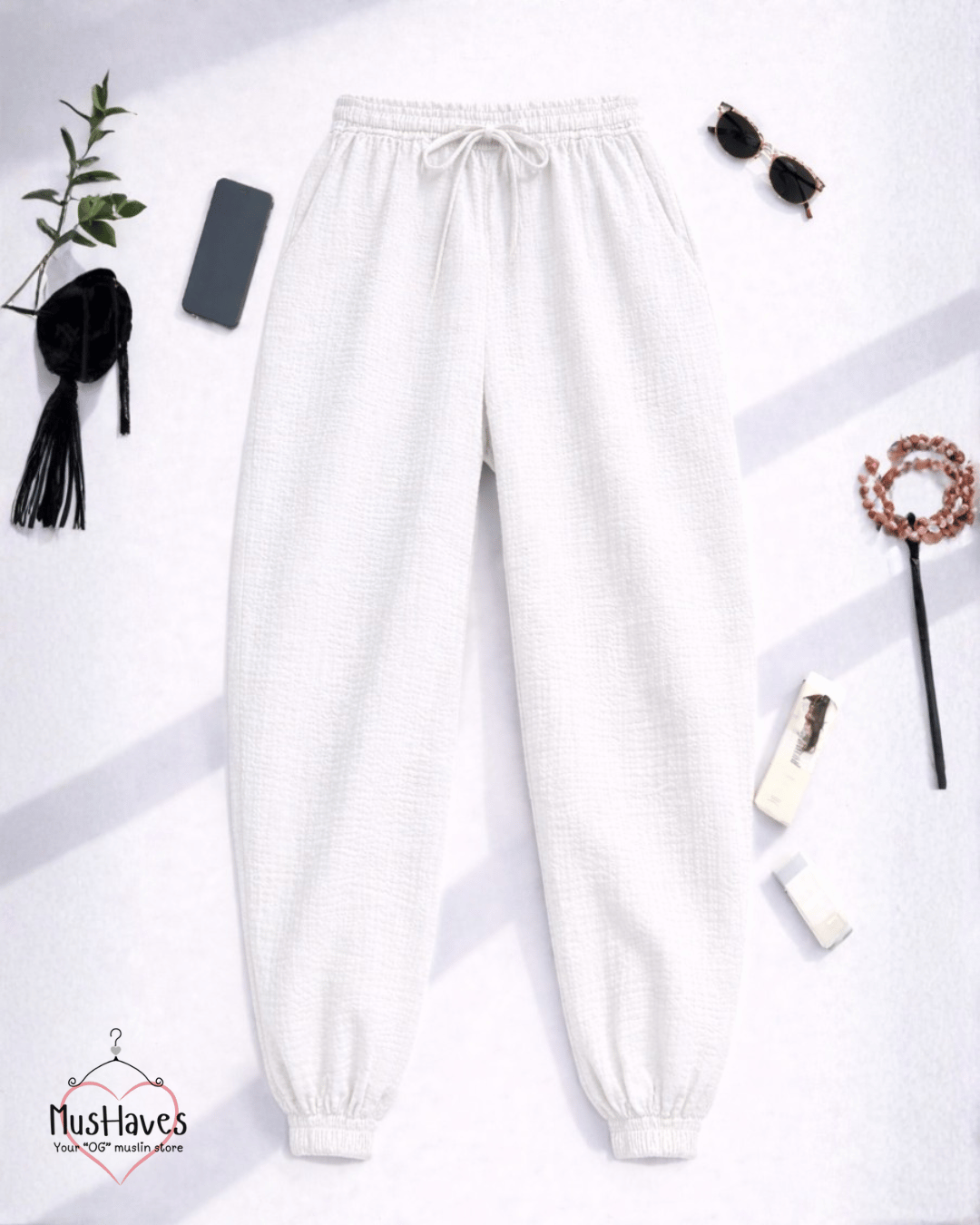 Premium Muslin Bottoms | 100% Organic Cotton | Unisex | Joggers | Pearl White