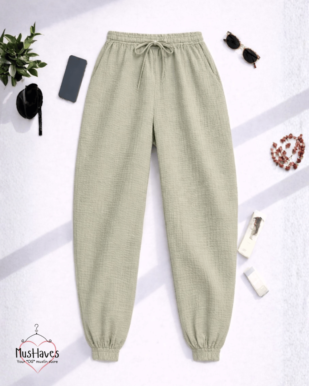 Premium Muslin Bottoms | 100% Organic Cotton | Unisex | Joggers | Greenish Grey