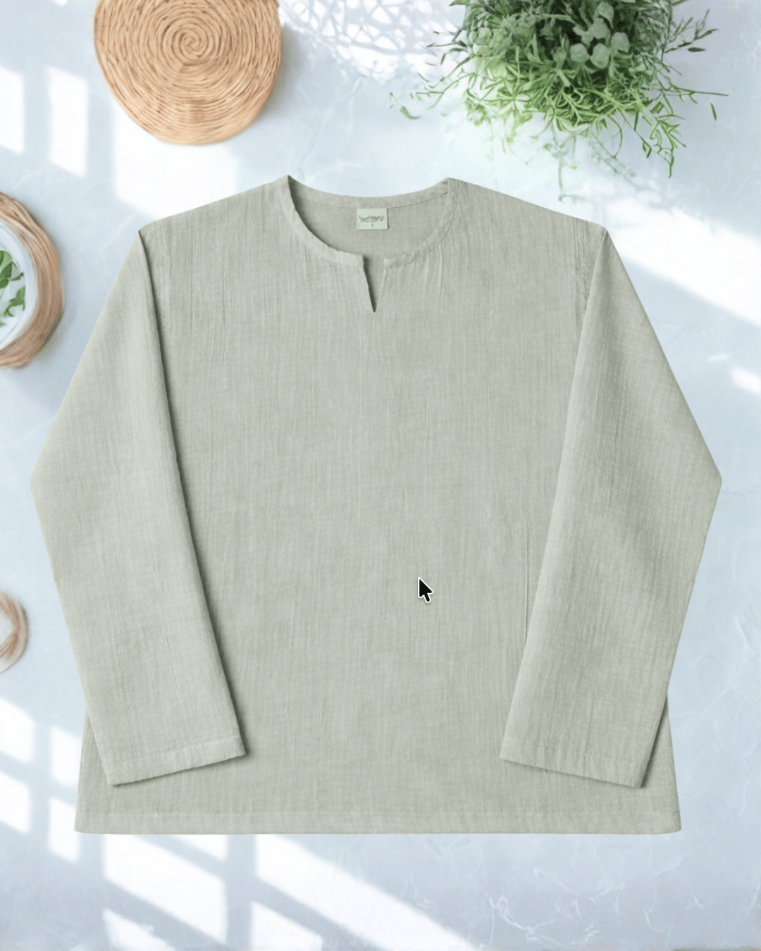 Premium Mulmul Musli Tee | Slit Round Neck | 100% Organic Cotton | Unisex | Mushaves Classic | Greenish Grey