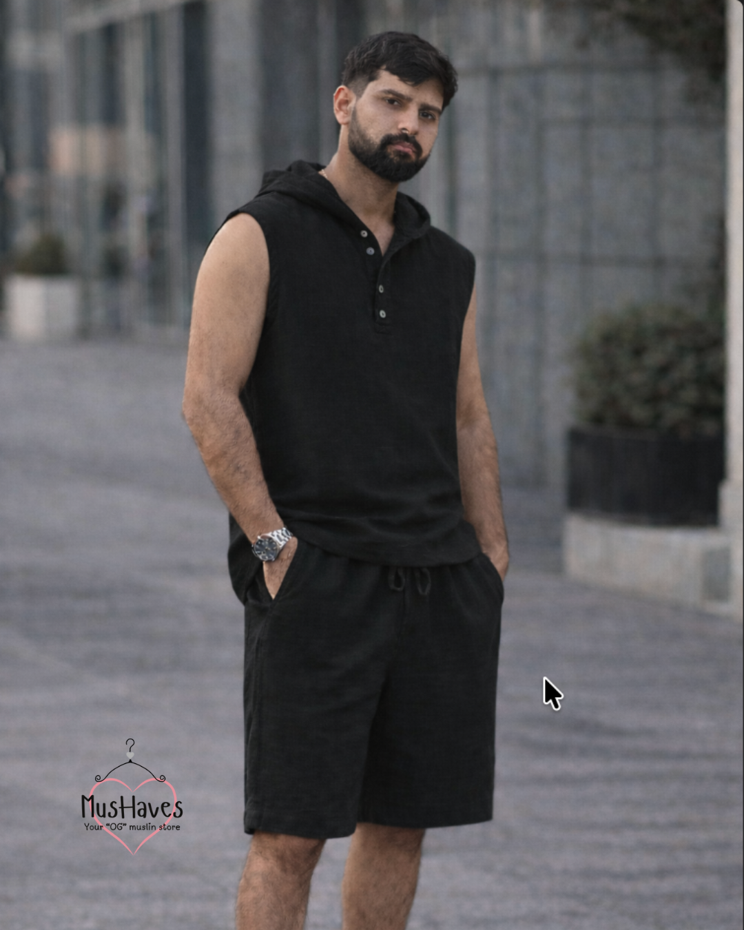 Indian Mulmul Muslin Co-Ord Set Crafted in Organic Cotton | Premium Sleeveless Hoodie & Shorts | Charcoal Black