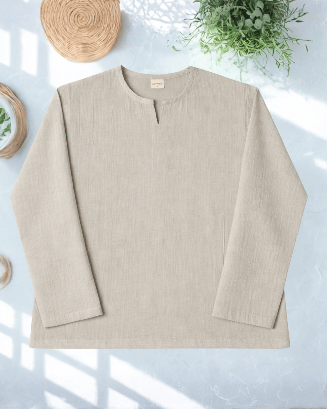 Premium Mulmul Muslin Tee | Slit Round Neck | 100% Organic Cotton | Unisex | Mushaves Classic | Light Beige