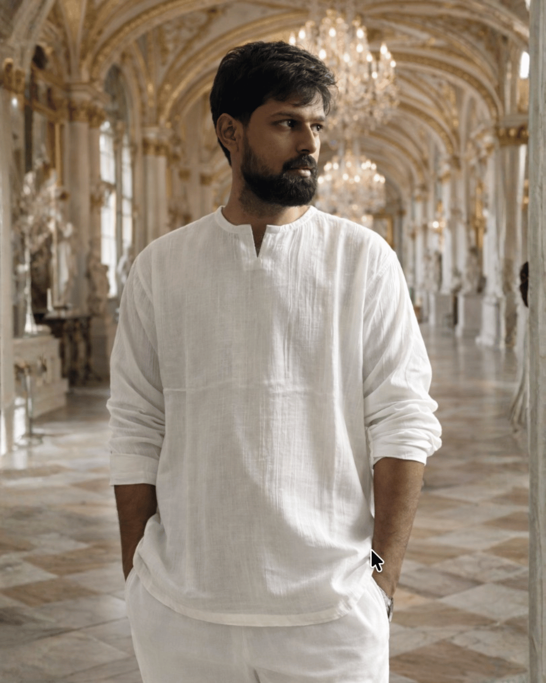 Premium Mulmul Musli Tee | Slit Round Neck | 100% Organic Cotton | Unisex | Mushaves Classic | Pearl White