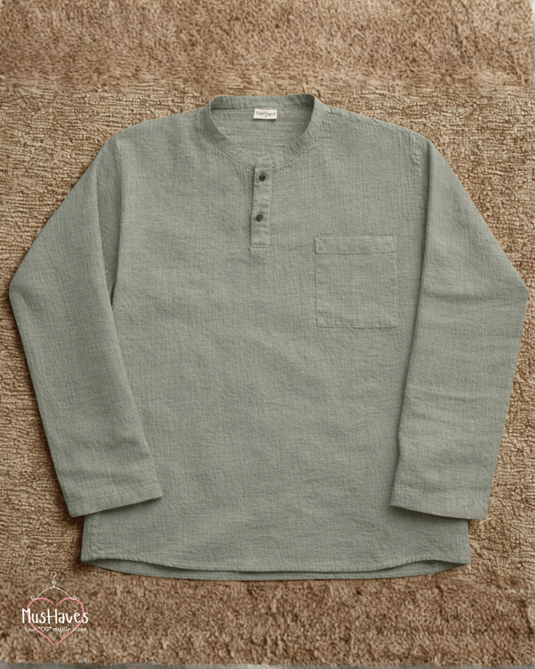 Premium Mulmul Kurta Teeshirt | 100% Organic Cotton | Men | Mushaves Classic | Greenish Grey