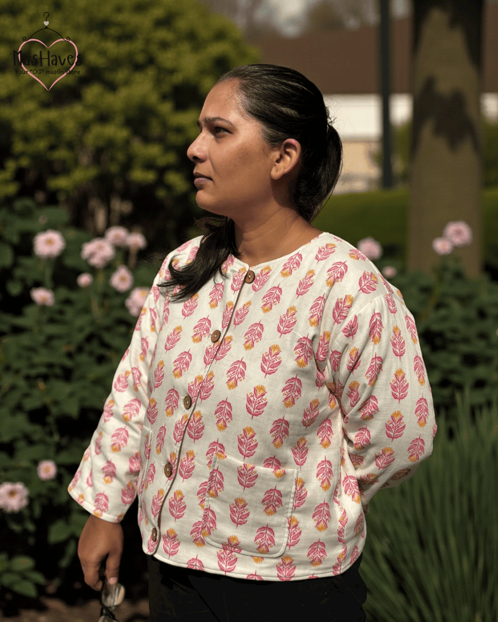 Premium Muslin Jacket | Women | 100% Organic Cotton | Mulmul | 4-Layer | 6-Layers | Reversible | Round Neck | 10°C to 25°C | Red Petal + Beige