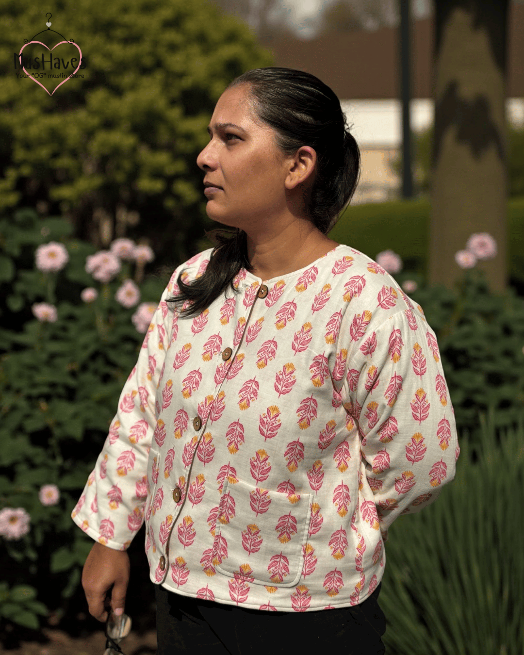 Premium Muslin Jacket | Women | 100% Organic Cotton | Mulmul | 4-Layer | 6-Layers | Reversible | Round Neck | 10°C to 25°C | Red Petal + Beige