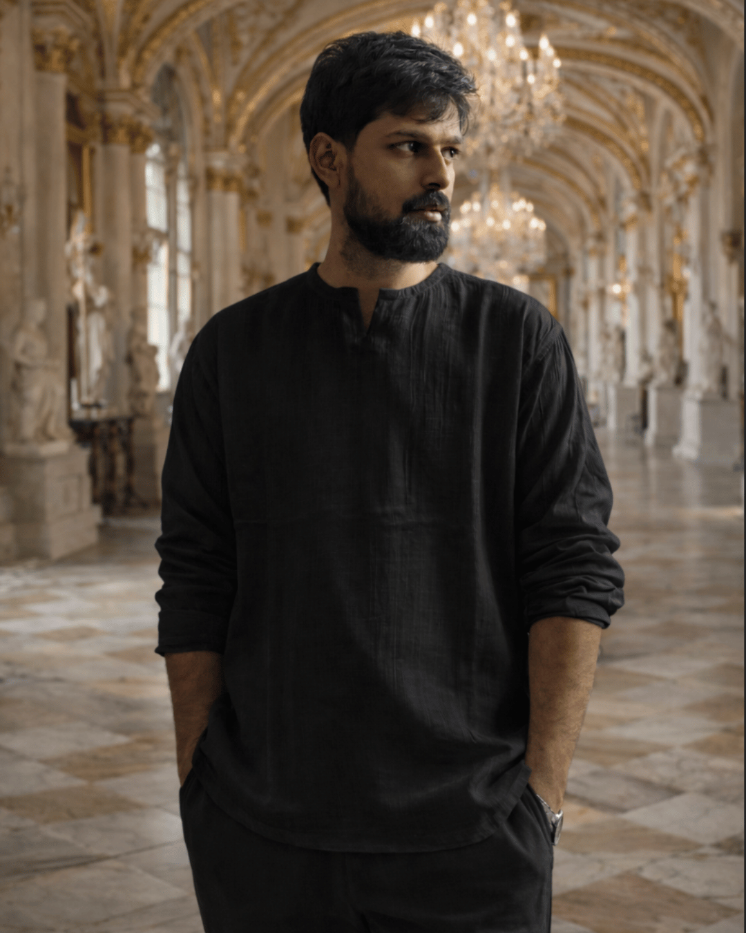 Premium Mulmul Musli Tee | Slit Round Neck | 100% Organic Cotton | Unisex | Mushaves Classic | Charcoal Black