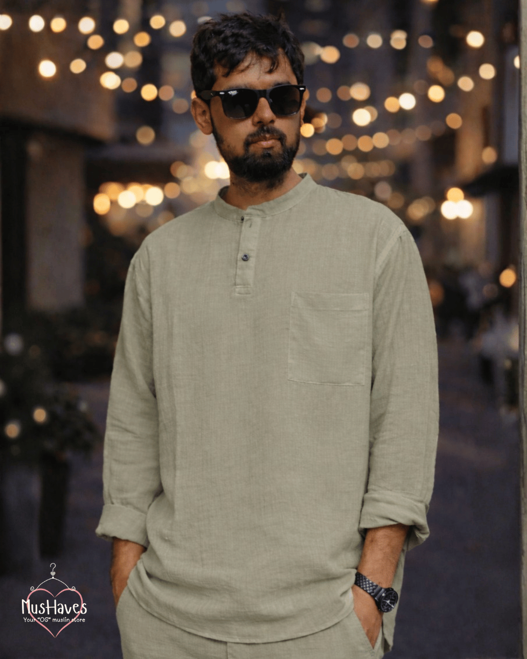 Premium Mulmul Kurta Teeshirt | 100% Organic Cotton | Men | Mushaves Classic | Greenish Grey