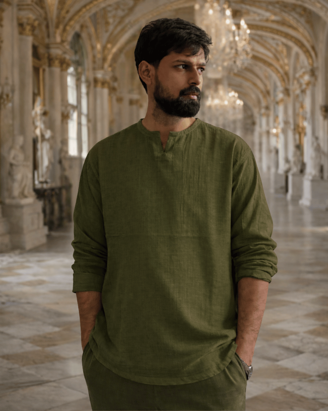 Premium Mulmul Musli Tee | Slit Round Neck | 100% Organic Cotton | Unisex | Mushaves Classic | Olive Green