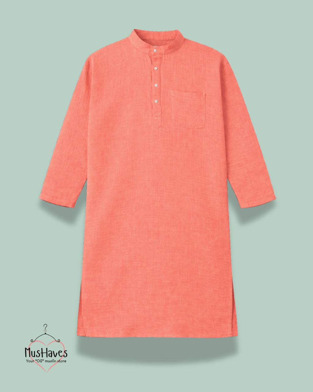 Premium Mulmul Long Kurta | 100% Organic Cotton | Men | Mushaves Classic | Melon Pulp
