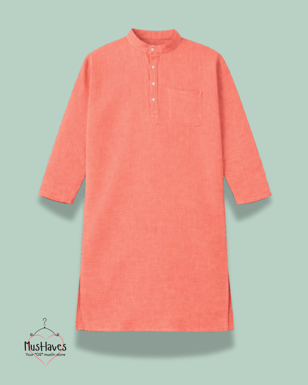 Premium Mulmul Long Kurta | 100% Organic Cotton | Men | Mushaves Classic | Melon Pulp
