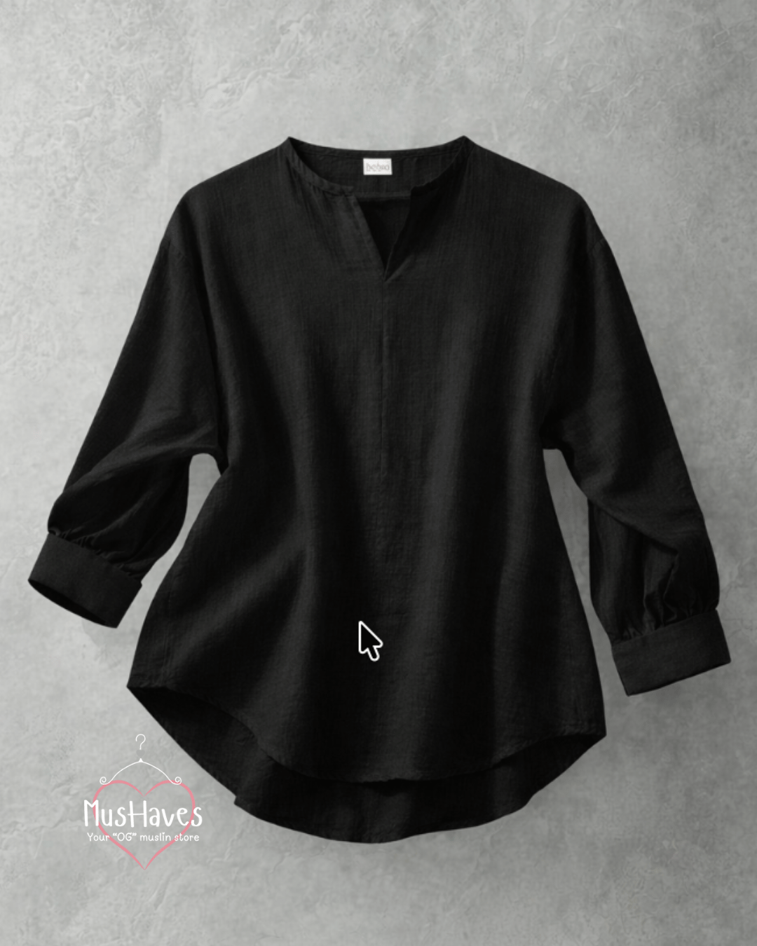 Women Premium Muslin Formal Blouse – 100% Double Gauze | Loose Fit | Silloute | Slit Round Neck | Charcoal Black