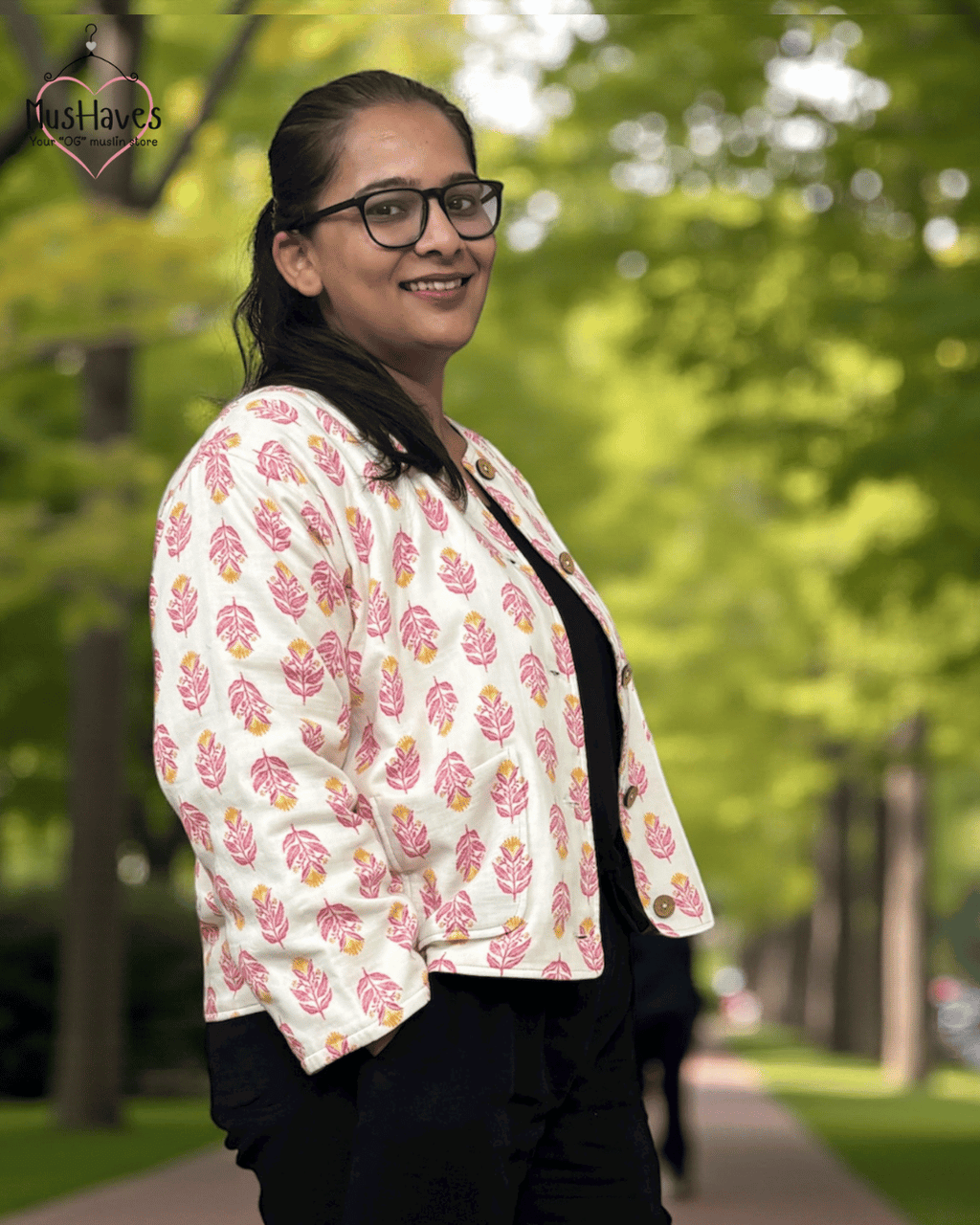 Premium Muslin Jacket | Women | 100% Organic Cotton | Mulmul | 4-Layer | 6-Layers | Reversible | Round Neck | 10°C to 25°C | Red Petal + Beige