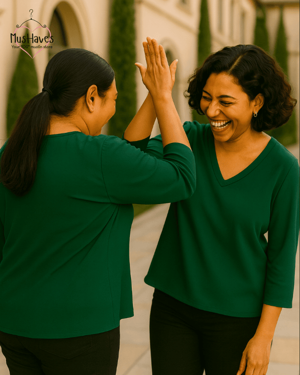 Breezy Muslin A Line V Neck Top – Forest Green
