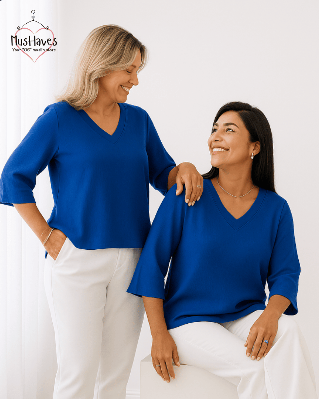 Premium Muslin Combo set | A-Line Teeshirt + Bottoms | Cobalt Blue + Pearl White