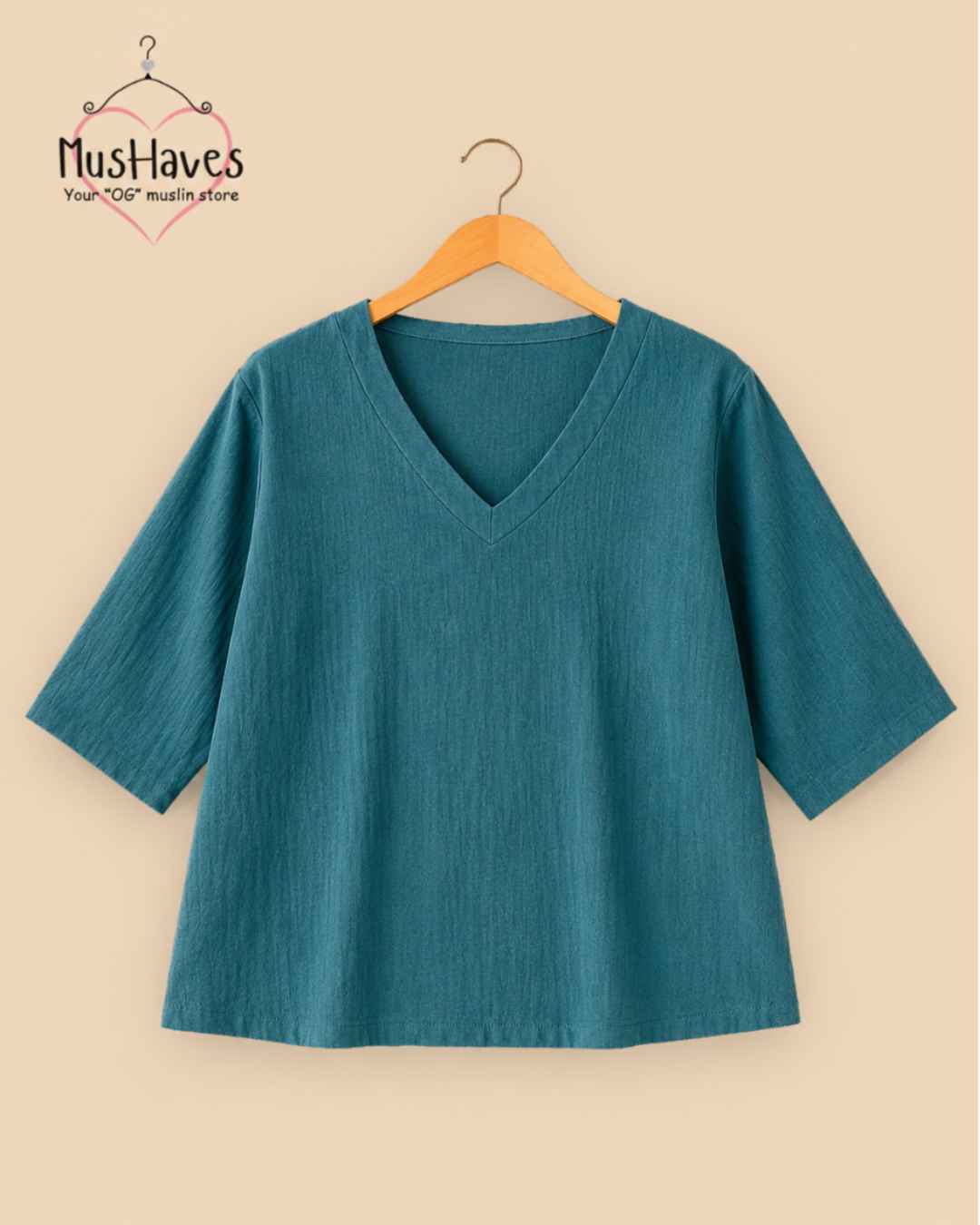 Breezy Muslin A Line V Neck Top – Teel Blue