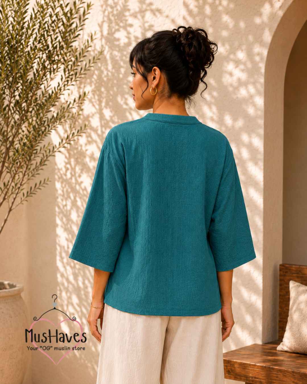Breezy Muslin A Line V Neck Top – Teel Blue