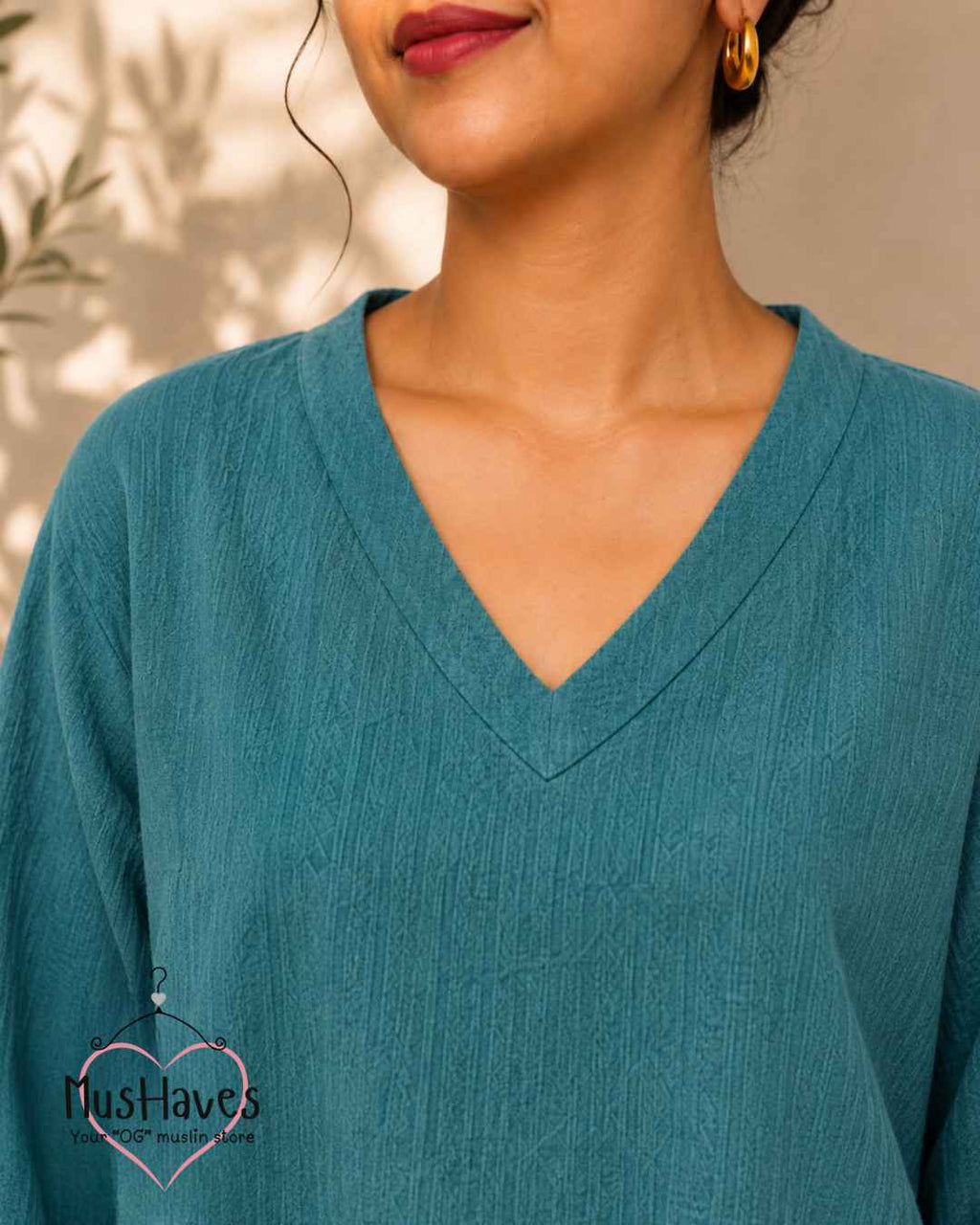 Breezy Muslin A Line V Neck Top – Teel Blue