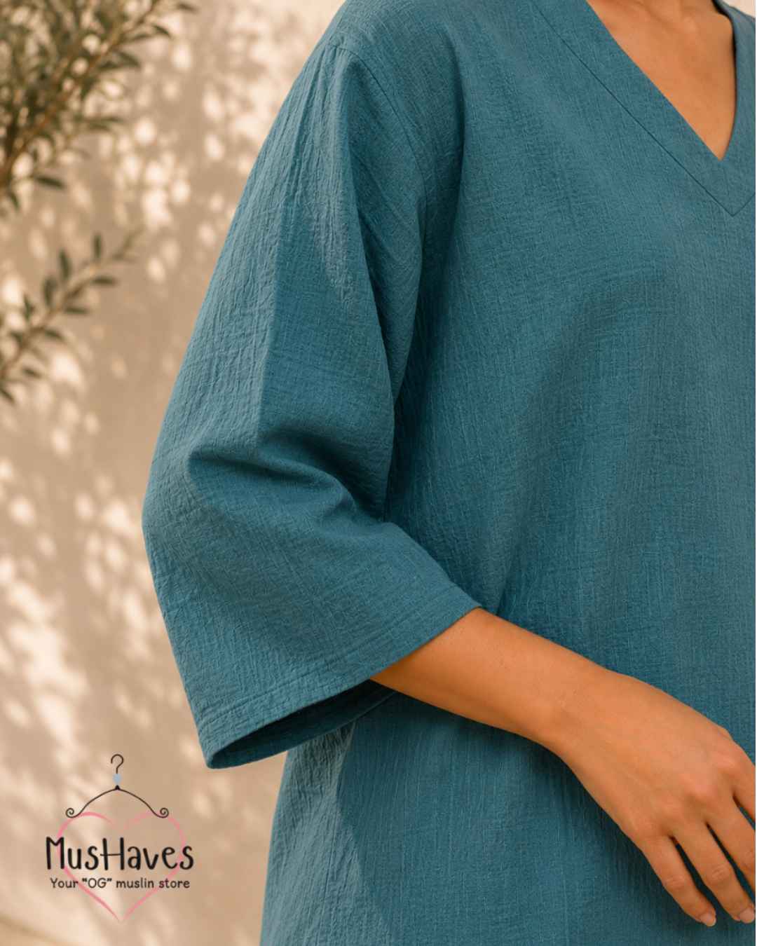 Breezy Muslin A Line V Neck Top – Teel Blue