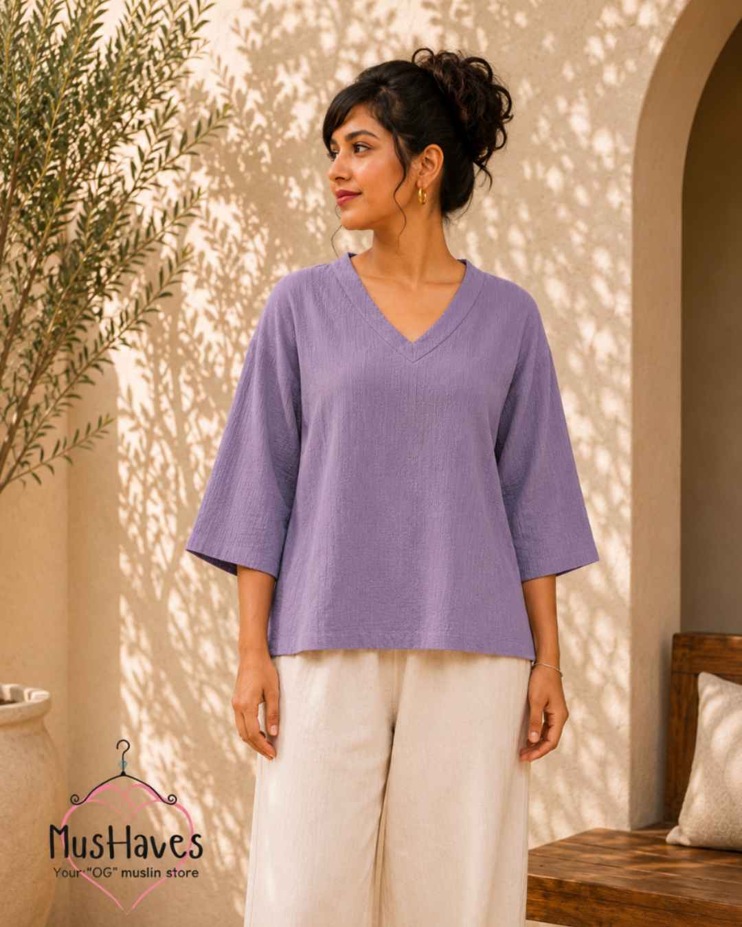 Breezy Muslin A Line V Neck Top – Jamuni Purple