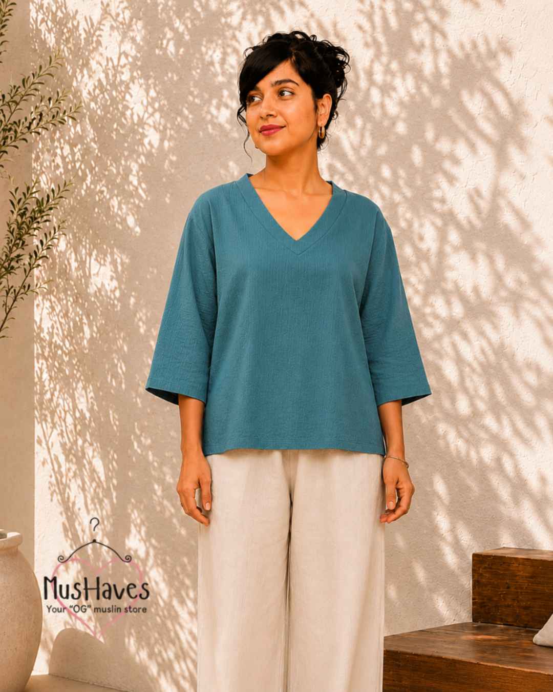 Breezy Muslin A Line V Neck Top – Teel Blue