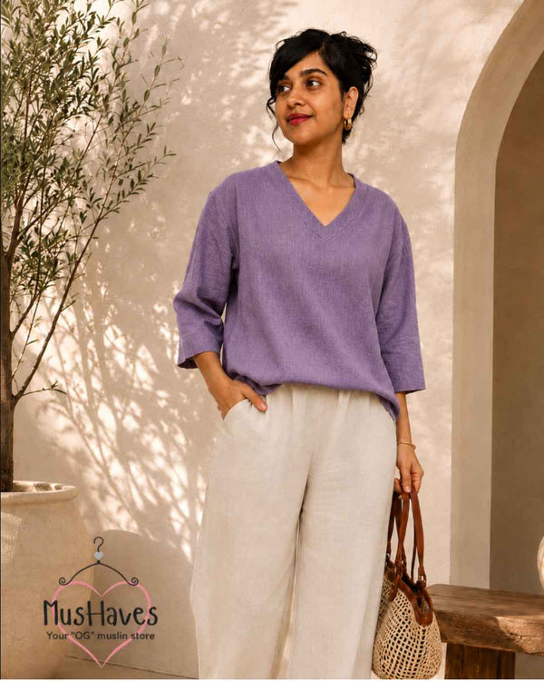 Breezy Muslin A Line V Neck Top – Jamuni Purple