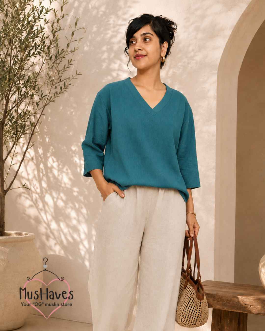 Breezy Muslin A Line V Neck Top – Teel Blue