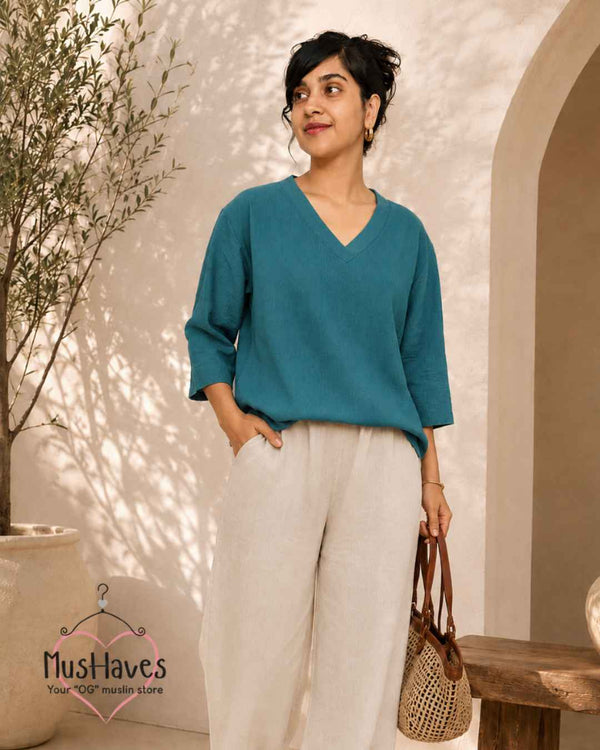 Breezy Muslin A Line V Neck Top – Teel Blue