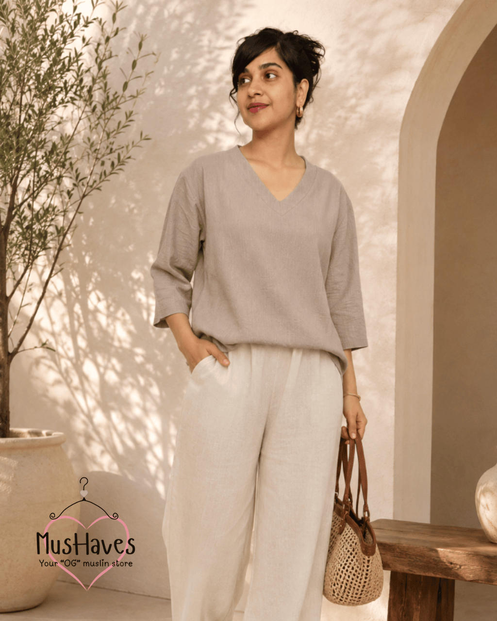 Breezy Muslin A Line V Neck Top – Desert Taupe