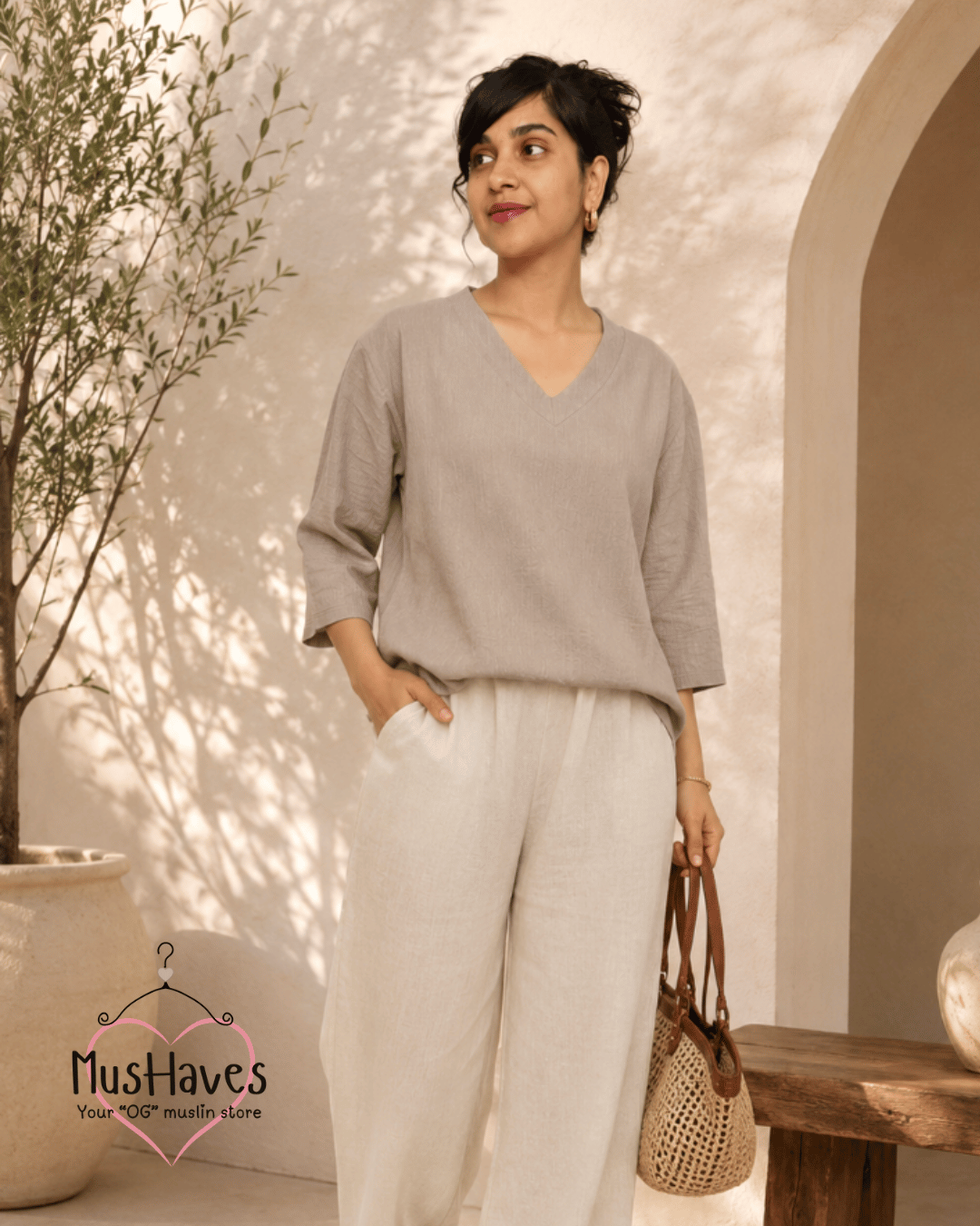 Breezy Muslin A Line V Neck Top – Desert Taupe