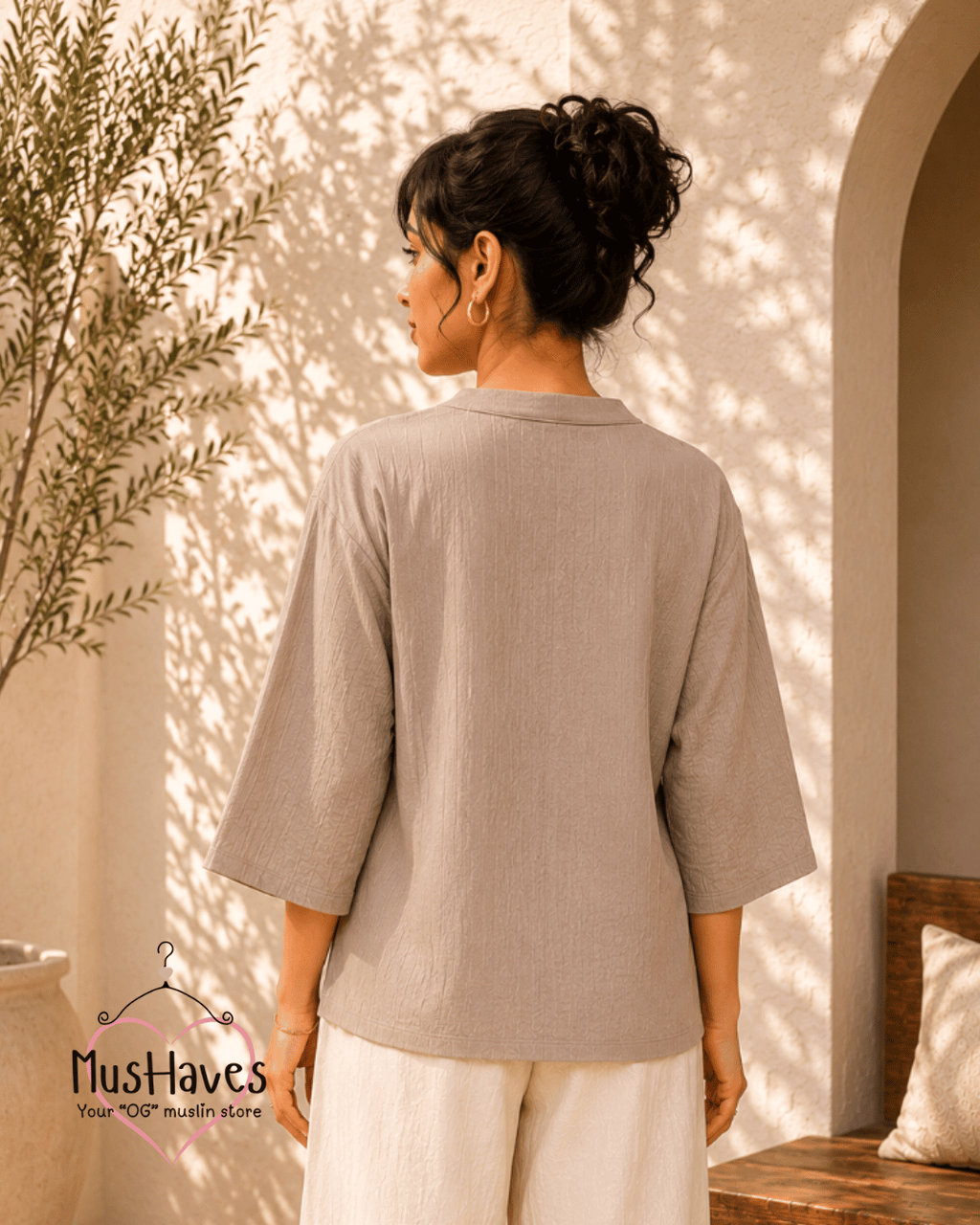 Breezy Muslin A Line V Neck Top – Desert Taupe