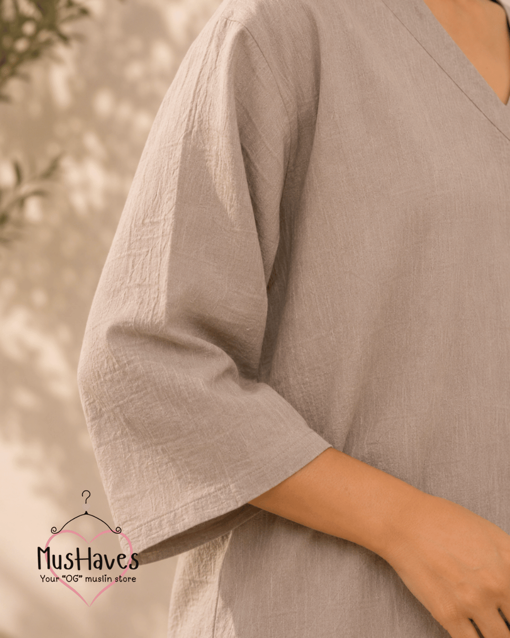 Breezy Muslin A Line V Neck Top – Desert Taupe