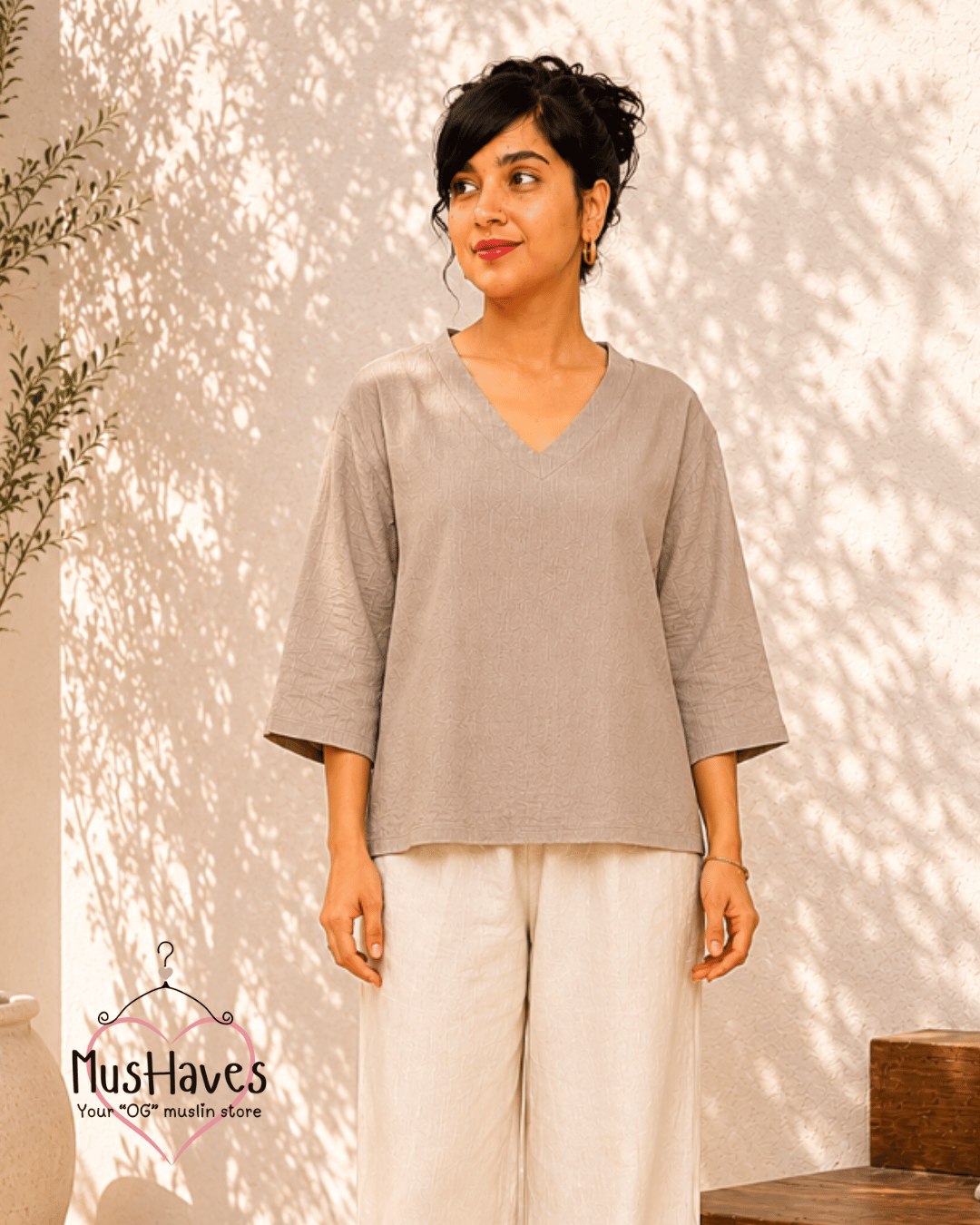 Breezy Muslin A Line V Neck Top – Desert Taupe