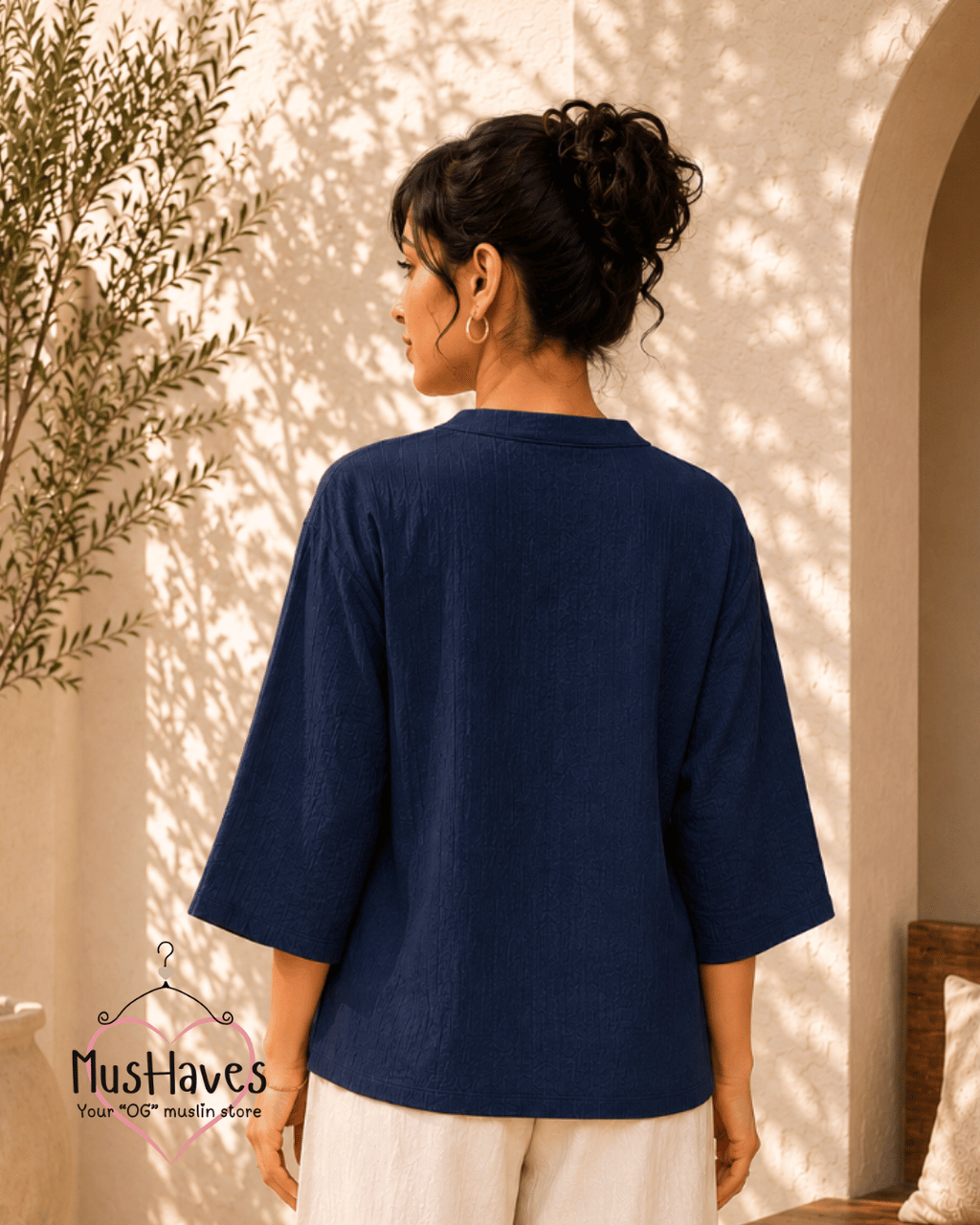 Breezy Muslin A Line V Neck Top – Royal Blue