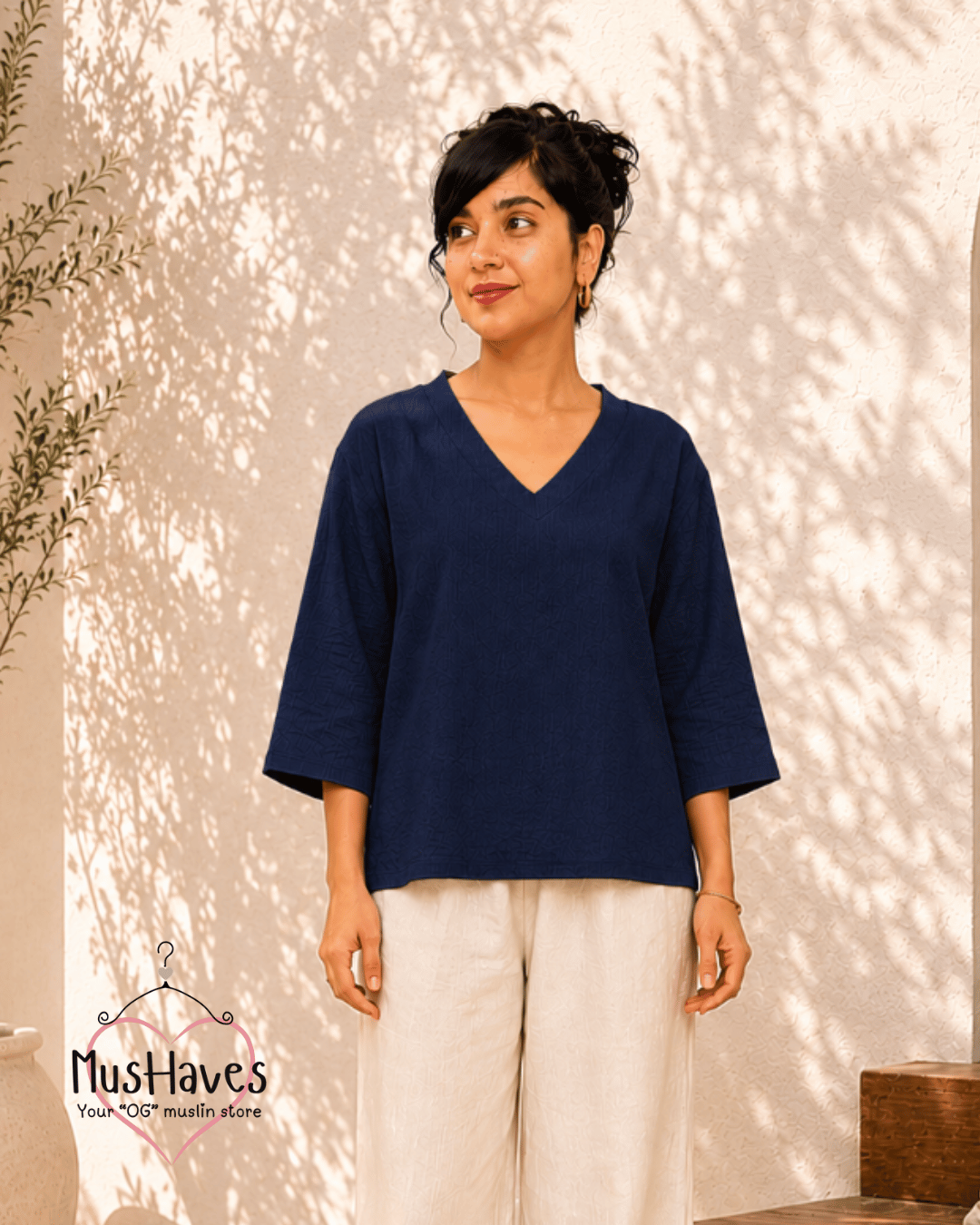 Breezy Muslin A Line V Neck Top – Royal Blue