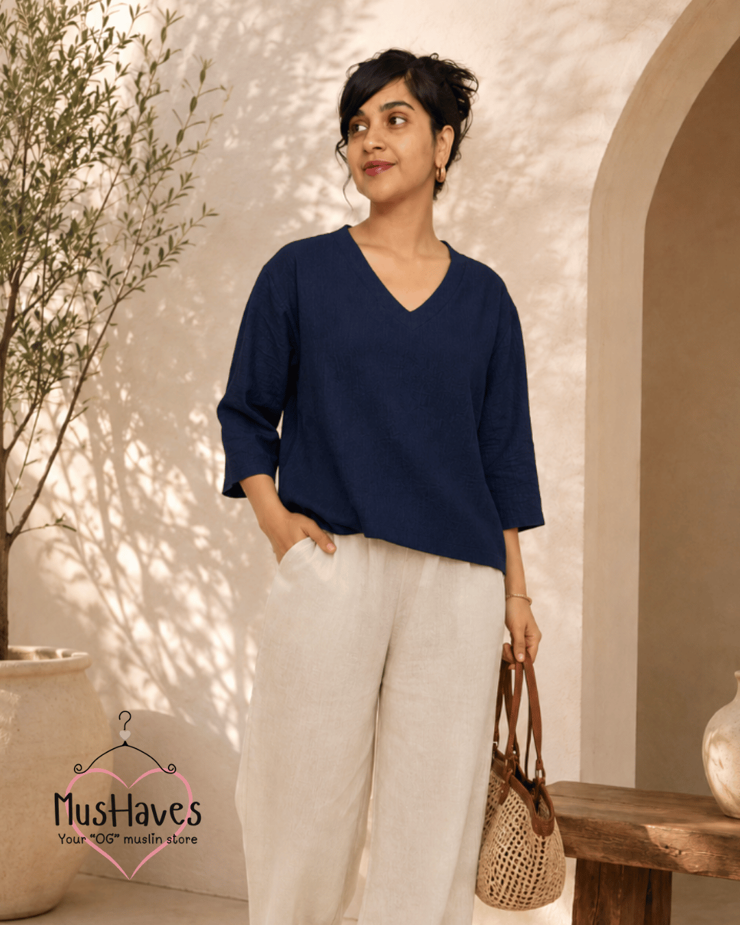 Breezy Muslin A Line V Neck Top – Royal Blue