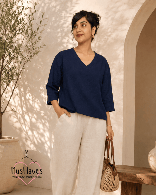 Breezy Muslin A Line V Neck Top – Royal Blue