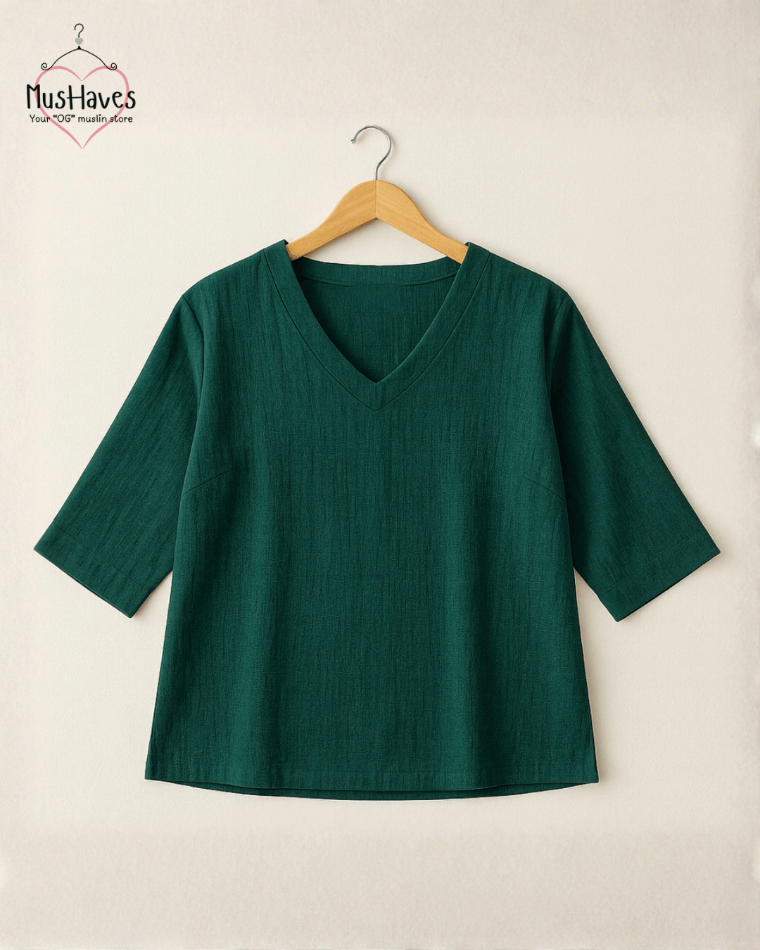 Breezy Muslin A Line V Neck Top – Forest Green