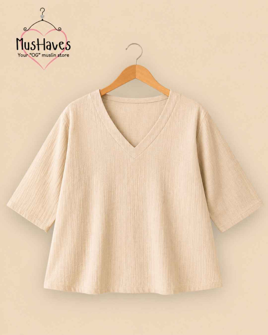 Breezy Muslin A Line V Neck Top – Beige