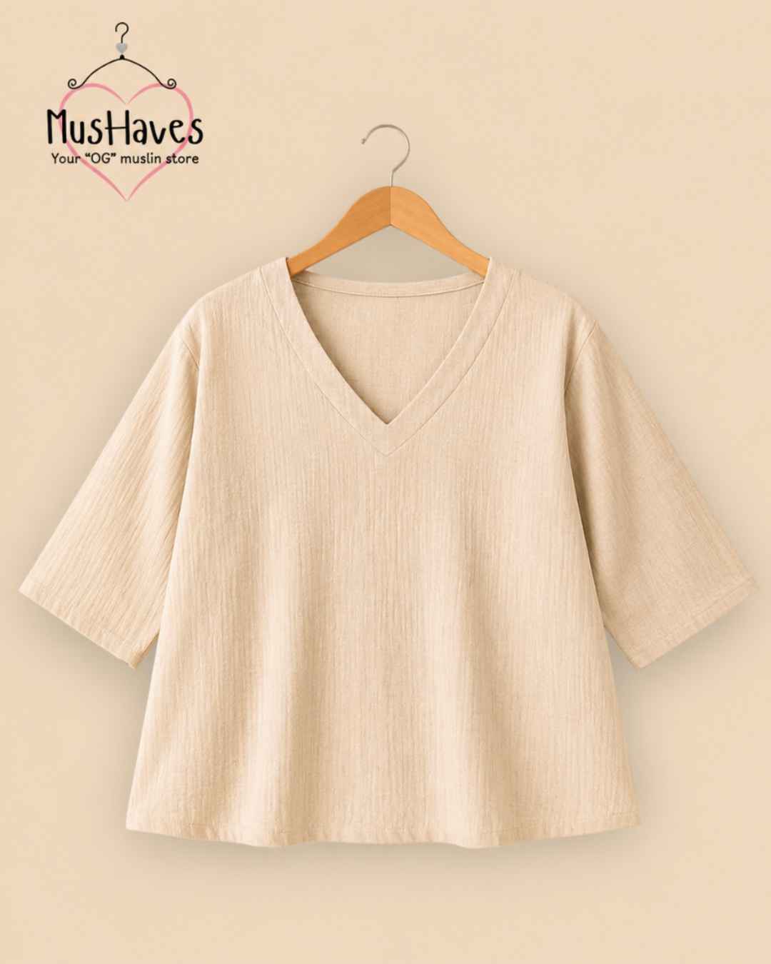 Breezy Muslin A Line V Neck Top – Beige